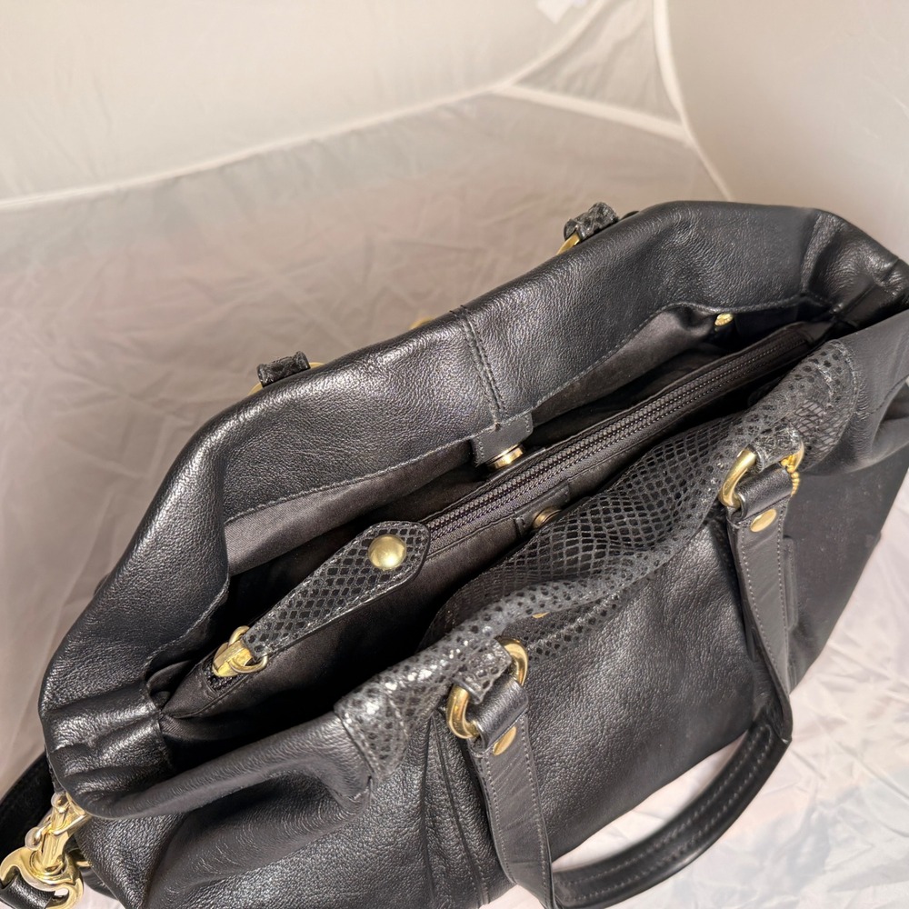 Coach Ashley Carry all Bag Black Pebbled Leather Snakeskin Trim Gold F19243 - Picture 13 of 15